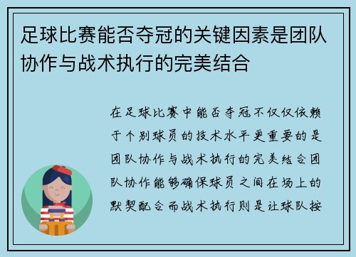 足球比赛能否夺冠的关键因素是团队协作与战术执行的完美结合