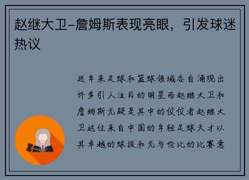 赵继大卫-詹姆斯表现亮眼，引发球迷热议