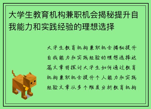 大学生教育机构兼职机会揭秘提升自我能力和实践经验的理想选择