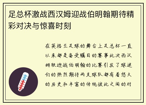 足总杯激战西汉姆迎战伯明翰期待精彩对决与惊喜时刻