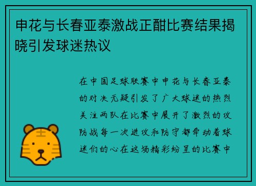 申花与长春亚泰激战正酣比赛结果揭晓引发球迷热议