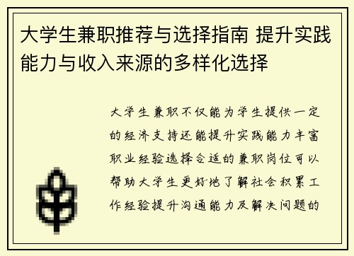 大学生兼职推荐与选择指南 提升实践能力与收入来源的多样化选择