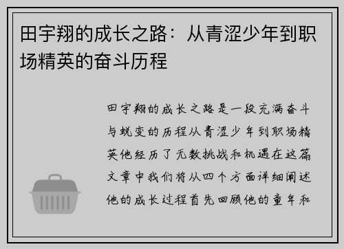 田宇翔的成长之路：从青涩少年到职场精英的奋斗历程