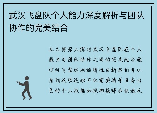 武汉飞盘队个人能力深度解析与团队协作的完美结合