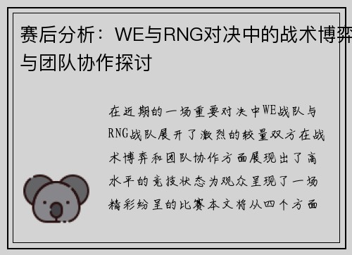 赛后分析：WE与RNG对决中的战术博弈与团队协作探讨
