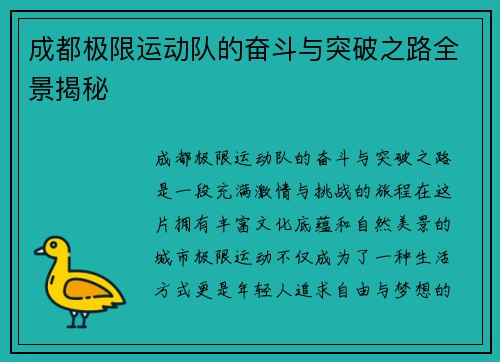 成都极限运动队的奋斗与突破之路全景揭秘