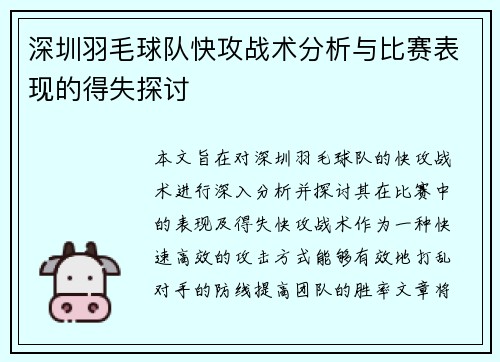 深圳羽毛球队快攻战术分析与比赛表现的得失探讨